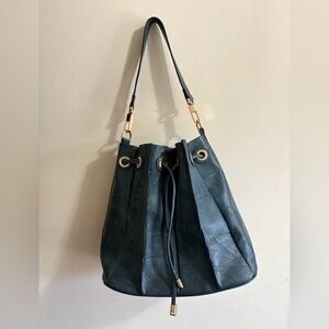 Chic Teal Leather Shoulder Bag with make up tote